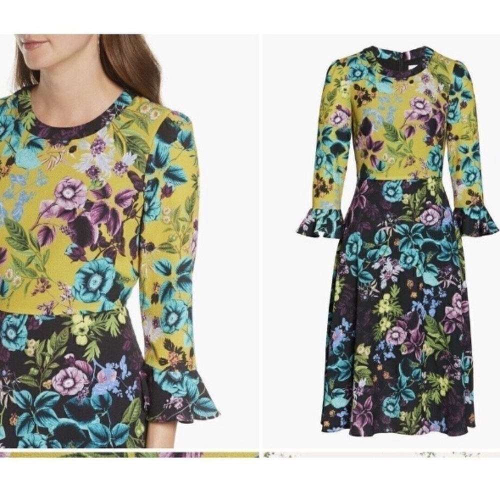 ELIZA J NWOT Floral Color Block MIDI Dress Long Bell Sleeves Sz 4 Dark Romantic - Picture 2 of 16